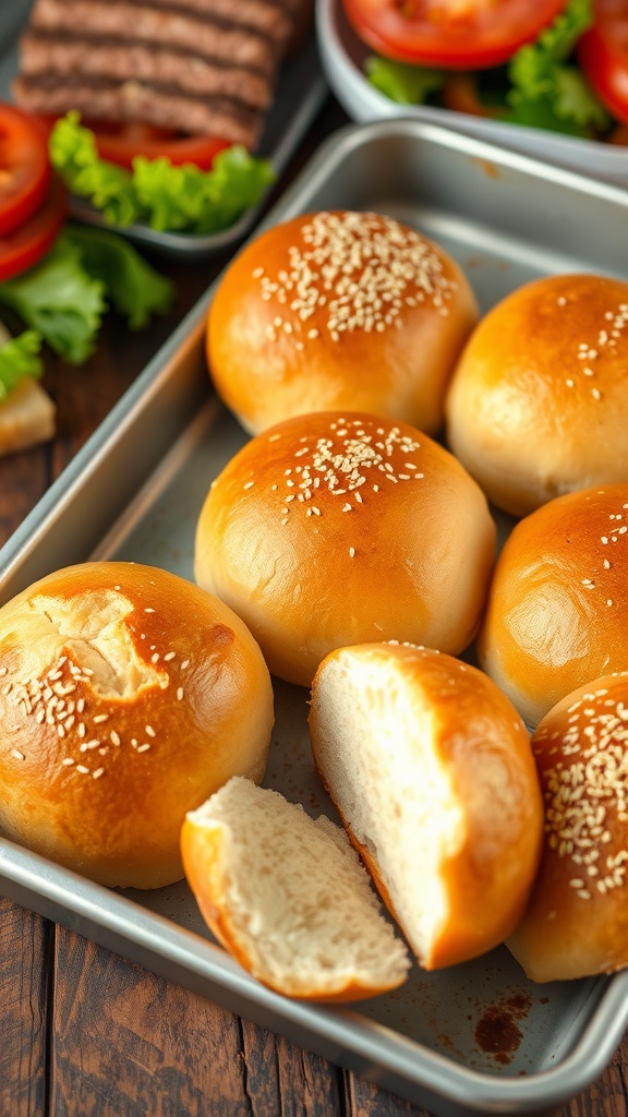 Freshly baked golden brown burger buns with sesame seeds on a wooden table, with fresh burger ingredients.